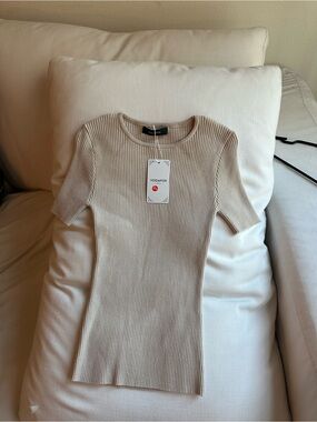 YOGAFOX Ribbed Short Sleeve Knit Top in Beige
